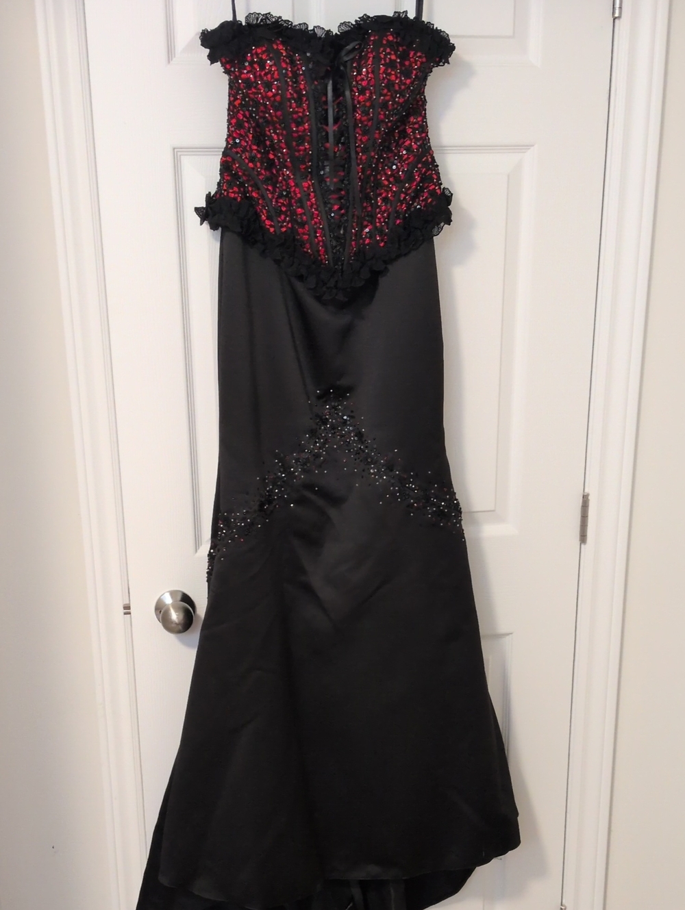 Strapless Black and Red Sequin Corset Evening Dress